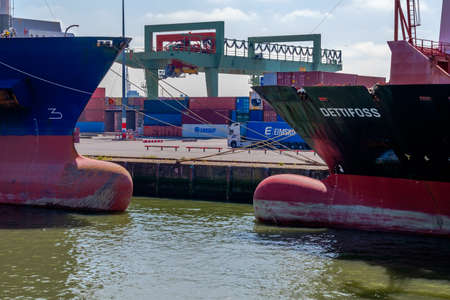 Two bows or see ships, in the Rotterdam harbor. The Port of Rotterdam, the Netherlands.