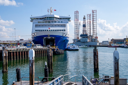 Ferry in the harbor of IJmuiden, Netherlands, preparing to leave for Newcastle, UK. Cars are loaded...
