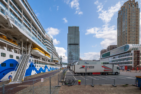 The AIDA perla docked and provisioned at the cruise terminal in Rotterdam. This ultramodern cruise vessel came into service in June 2017.のeditorial素材