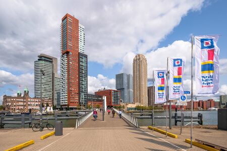 View of the Kop van Zuid and Rijnhaven bridge. A relatively young district, located on the south bank of the Nieuwe Maas opposite the city center of Rotterdam.のeditorial素材