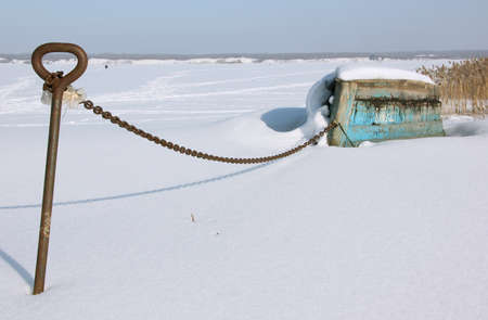 The old boat of the fisherman on winter storageの写真素材