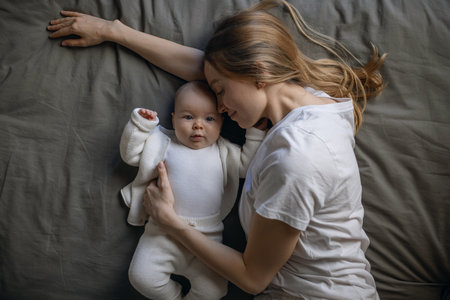 Happy woman looks at her baby and smiles. Beautiful baby smiles at mother. Mother with her own baby.の写真素材