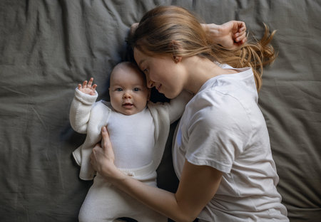 Beautiful mother with her baby. Young beautiful woman looks at her little daughter. Baby girl laughing in her mothers arms.の写真素材