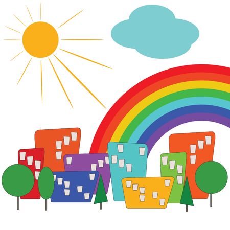 Colorful city with sun and rainbow のイラスト素材