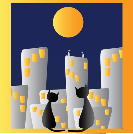 Two cats in window and night cityのイラスト素材