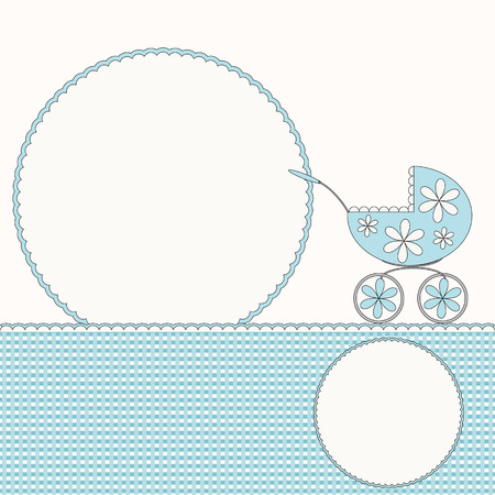 Blue baby arrival card or photo frame with pram のイラスト素材