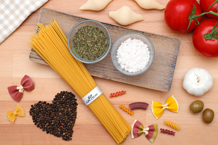 Different types of pasta and other ingredients for italian meal atの写真素材
