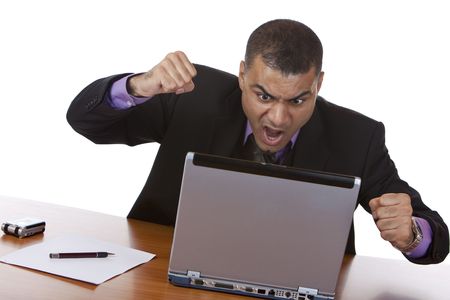 Closeup of businessman which is stressed, because of a computer problem. Isolated on white.の写真素材