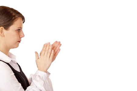 Young handesome business woman claps with hands. Isolated on white background.の写真素材