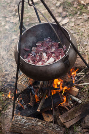 Cooking bogracs gulyas soup in a cauldron on fire in forestの写真素材