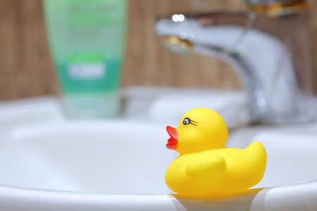 Rubber duck as well as the interior of the bathroom.の写真素材