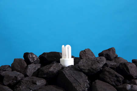 A fluorescent lamp stuck in the middle of a hard coal heap.の写真素材