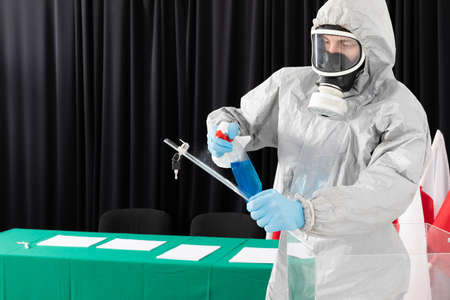 Special hygiene rules during the presidential election in Poland. Thorough disinfection of the entire polling station.の写真素材