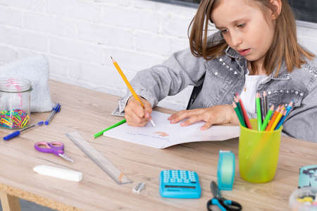 The girl in the lesson was given the task of drawing a teddy bear. The young schoolgirl draws with...