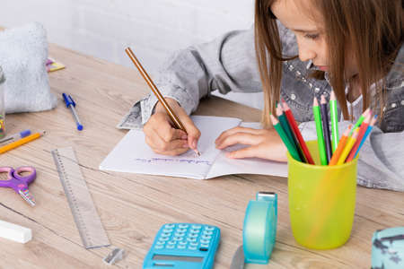 The girl in the lesson was given the task of drawing a teddy bear. The young schoolgirl draws with crayons in a school notebook.の写真素材