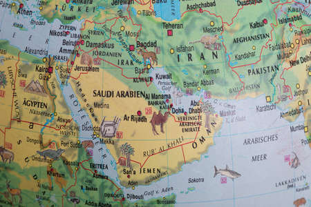 Close up continents with drawn borders and place names, as well as inhabiting animals.の写真素材