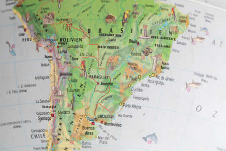 Close up continents with drawn borders and place names, as well as inhabiting animals.の写真素材