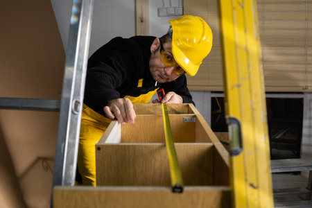 The construction worker measures the top of the cabinet to check if it is made correctly with the...
