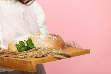 A young girl of beautiful European beauty holds in her hands on a wooden board a freshly baked loaf of bread decorated with green herbs and ears of grain. The whole composition is set against a uniform light pink background.の写真素材