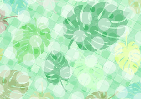 A white checkered background and circles with leaves of a plant called monstera as a base for...