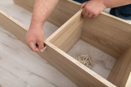 Plug a wooden dowel into a hole in a furniture board.