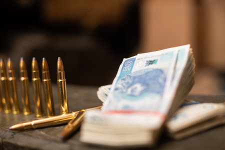 Paper banknotes and rifle cartridges lie on a crate.の写真素材