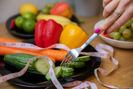 close-up of a plate full of vegetables and measure tape lying on themの写真素材