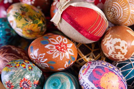 Close-up view from the top of the Easter eggs painted in various patterns.の写真素材