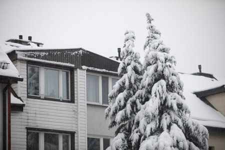 Snow blizzard in a residential area of single-family housesの写真素材