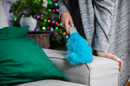The girl gently sweeps the dust off the sofa with a special brush.