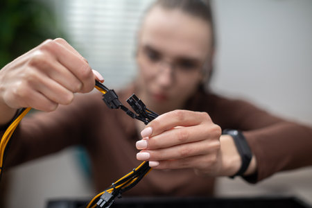 Close-up of a womans hands trying to connect cables to a plug