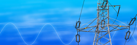 Steel high-voltage electricity pole on a blue background.