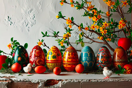 The interior is decorated with colourful Easter decorations.の素材