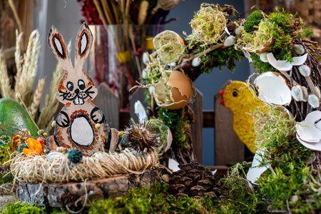 Enchanting Easter Scene: Wooden Rabbit, Colorful Eggs, and Rustic Decor Elements in Soft Pastel...