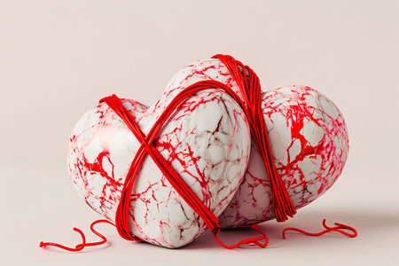 Close-up of alabaster hearts bound by red cord, symbolizing life and love, perfect for special occasionsの素材