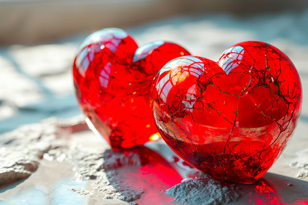 Amber and glass hearts with delicate cracks, symbolizing love and gratitude for special occasionsの素材