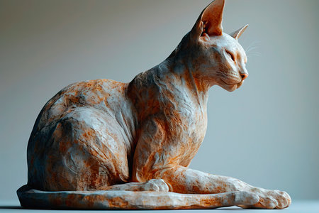 Alabaster Cat Figurine in Warm Light with Subtle Orange Hues, Centered Against a Soft Gradient Backgroundの素材