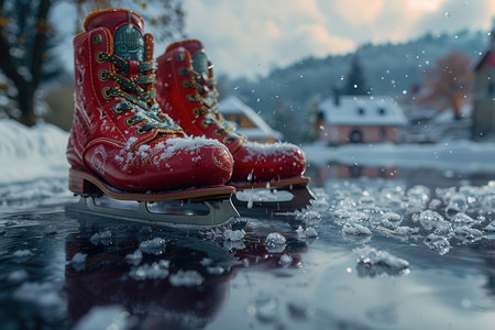 Charming and Beautiful Red Ice Skates on a Frozen Lake Surrounded by a Snowy Landscapeの素材