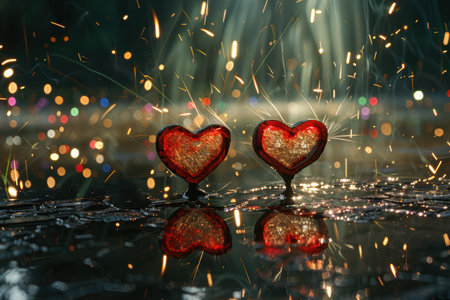 Beautiful Glowing Hearts in the Rain Enhanced with Sparkles for a Stunning Effectの素材