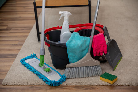 Discover a vibrant range of Colorful Cleaning Supplies that enhance Home Maintenance choresの写真素材
