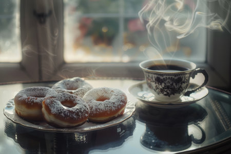 Enjoying a delightful assortment of delicious donuts accompanied by aromatic coffee by the windowの素材
