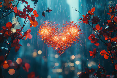 A Magical Heart Appears in a Rainy Cityscape Surrounded by Glowing Sparks of Lightの素材