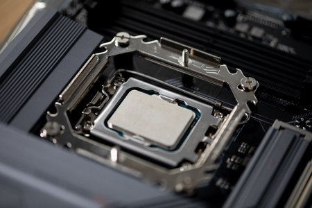 Detailed closeup view of the CPU Socket located on a highperformance Motherboardの写真素材