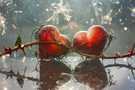 Two Hearts Intertwined Amidst Thorns, Reflecting the Intricate Balance of Love and Painの素材