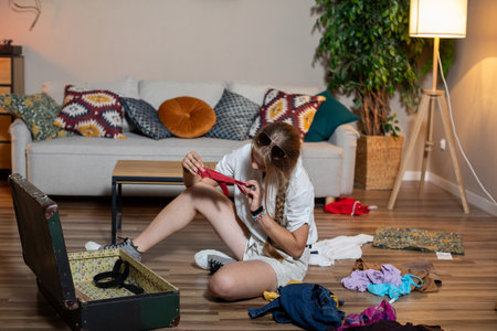 A person is organizing trendy clothes from a vintage suitcase in a cozy living room