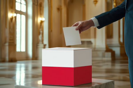 The Voting Process Takes Place in a Grand Hall with a Secure Ballot Box for Participationの素材