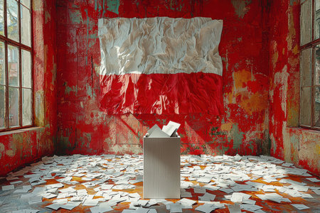 Inside a deserted room, we find an abandoned voting booth surrounded by decaying elementsの素材