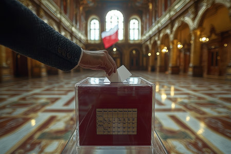 Participating in Voting at a Historic Hall Featuring an Iconic Ballot Box for Democracyの素材