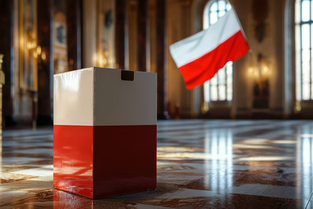 The Polish Election Box accompanied by a Flag set in a Historic Interior illustrates democracyの素材