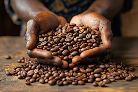 Hands Gently Holding Freshly Roasted Coffee Beans That Exude Their Rich Aroma and Flavorの素材